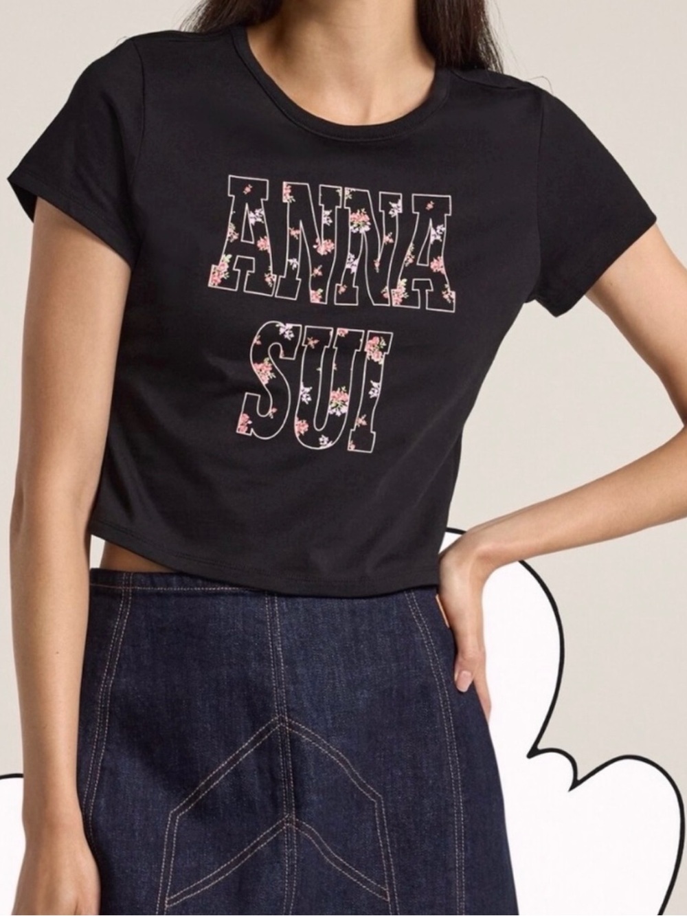 NWT ANNA SUI OLD NAVY | Black Floral Print Logo Ringer Crop Tee Shirt Large & XL